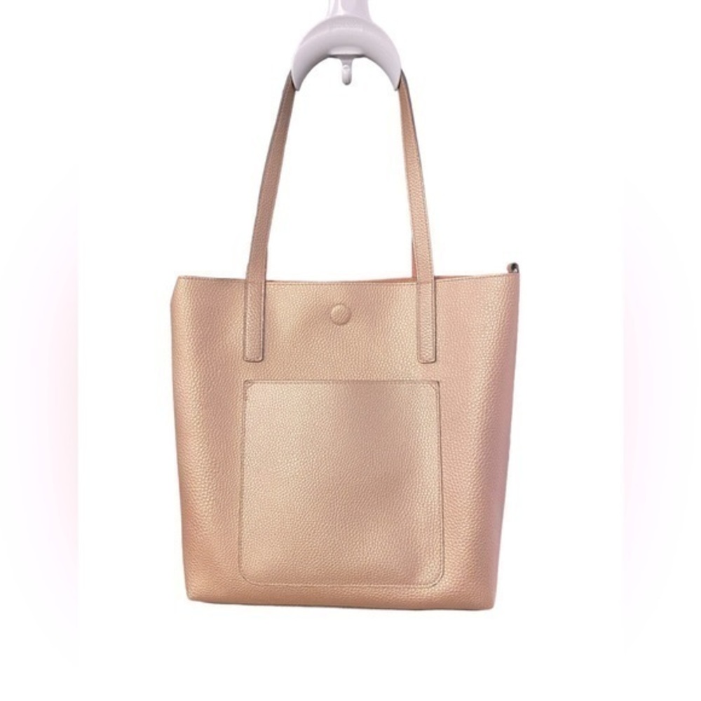 Rose metallic pink faux leather medium size shoulder tote bag w pink inside EUC